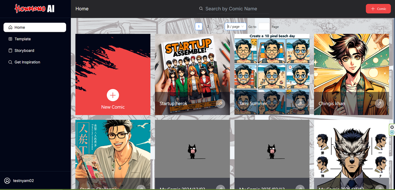 The Honmono AI web platform showing a library of generated comics